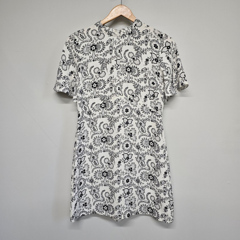 A.L.C. Silk Mini Dress Womens 2 Black White Paisley Floral A-Line Boho Cocktail